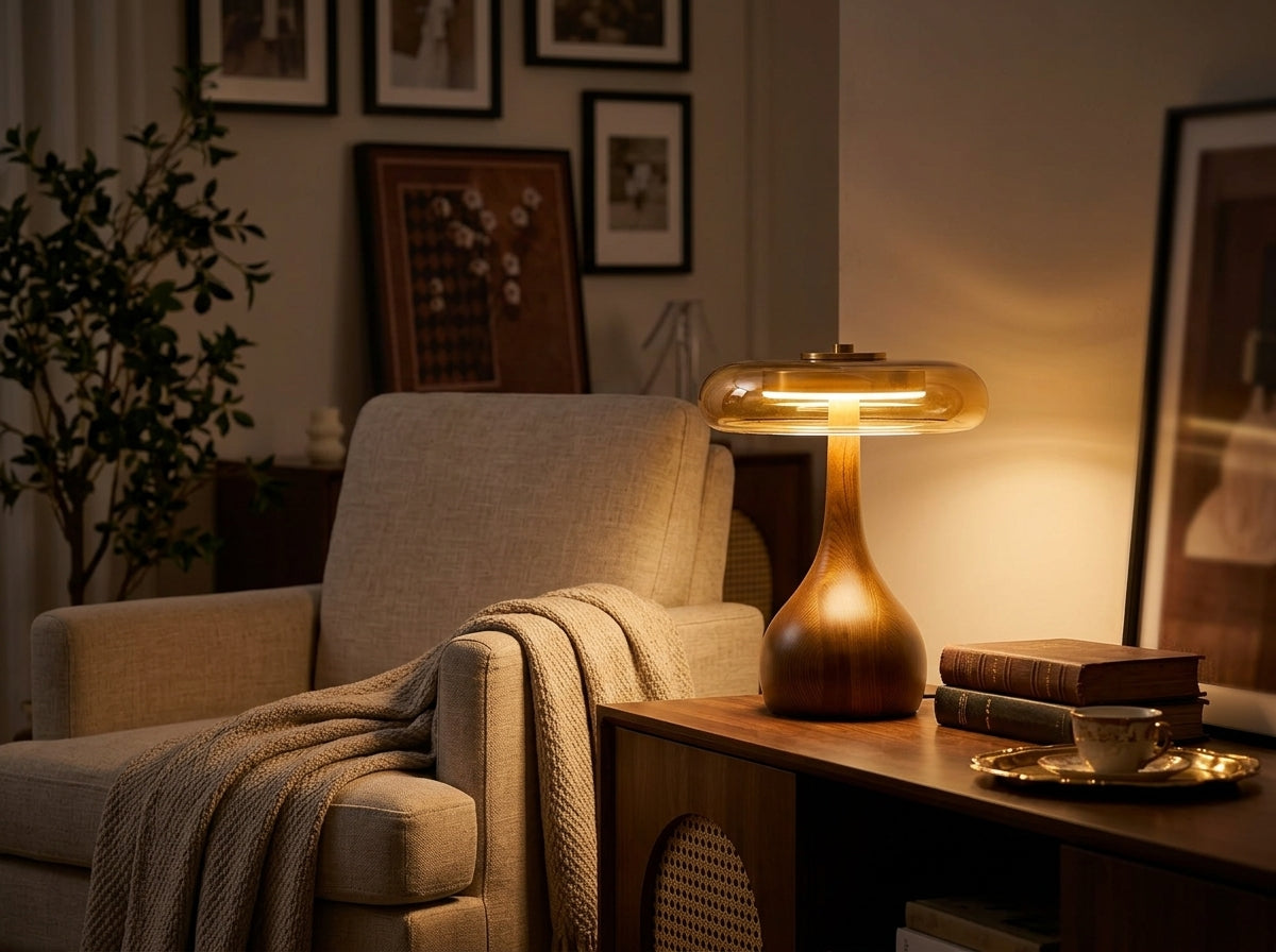 Amber Glass Mushroom Lamp - Sets a Warm Evening Mood