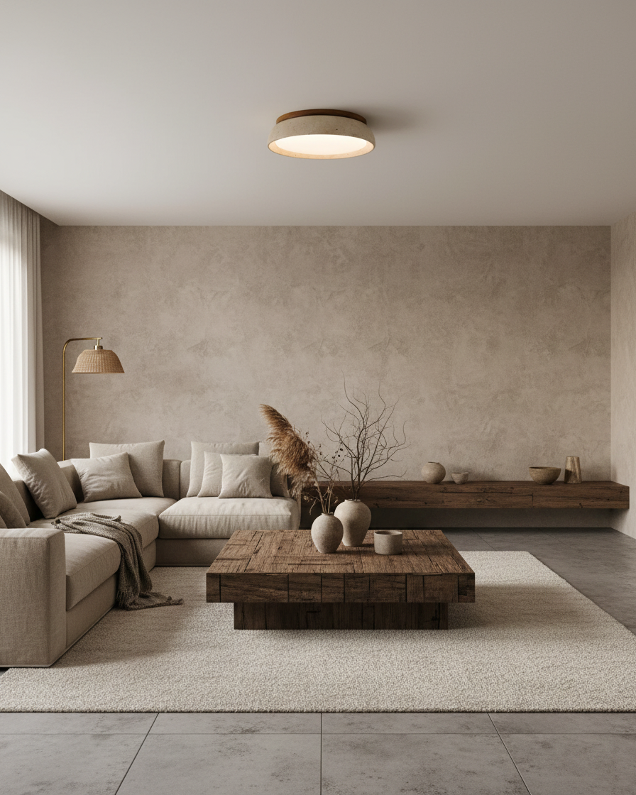 Natural Travertine Ceiling Light with Warm Wood Accent