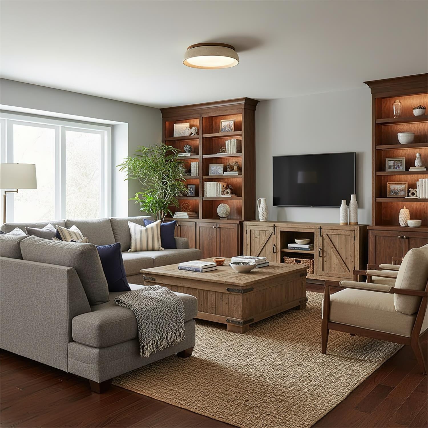 Natural Travertine Ceiling Light with Warm Wood Accent