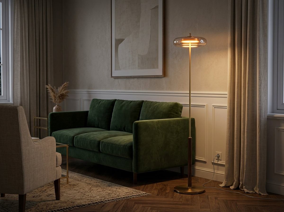Amber Brass Floor Lamp - Instantly Warm Your Evening Ambiance