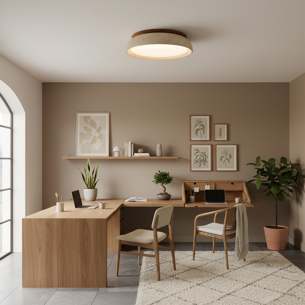Natural Travertine Ceiling Light with Warm Wood Accent