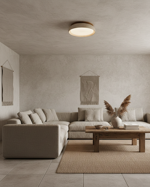 Natural Travertine Ceiling Light with Warm Wood Accent