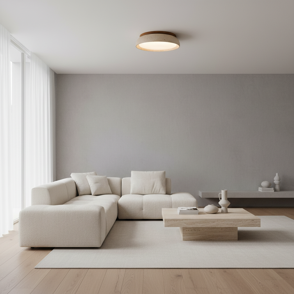 Natural Travertine Ceiling Light with Warm Wood Accent