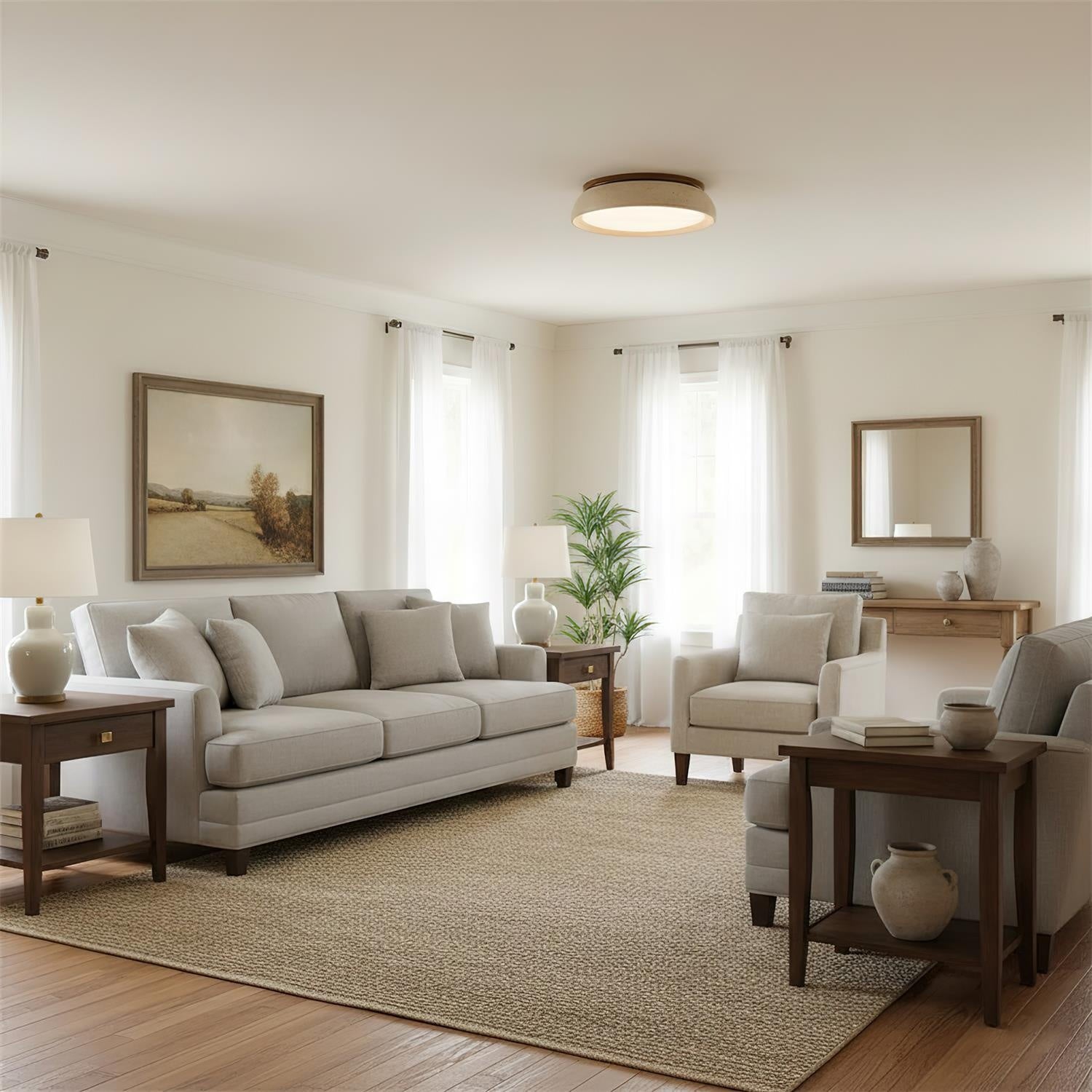 Natural Travertine Ceiling Light with Warm Wood Accent