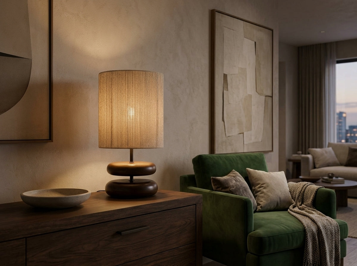 Oakwood Stacked Lamp - Warm Glow, Elevated Ambiance